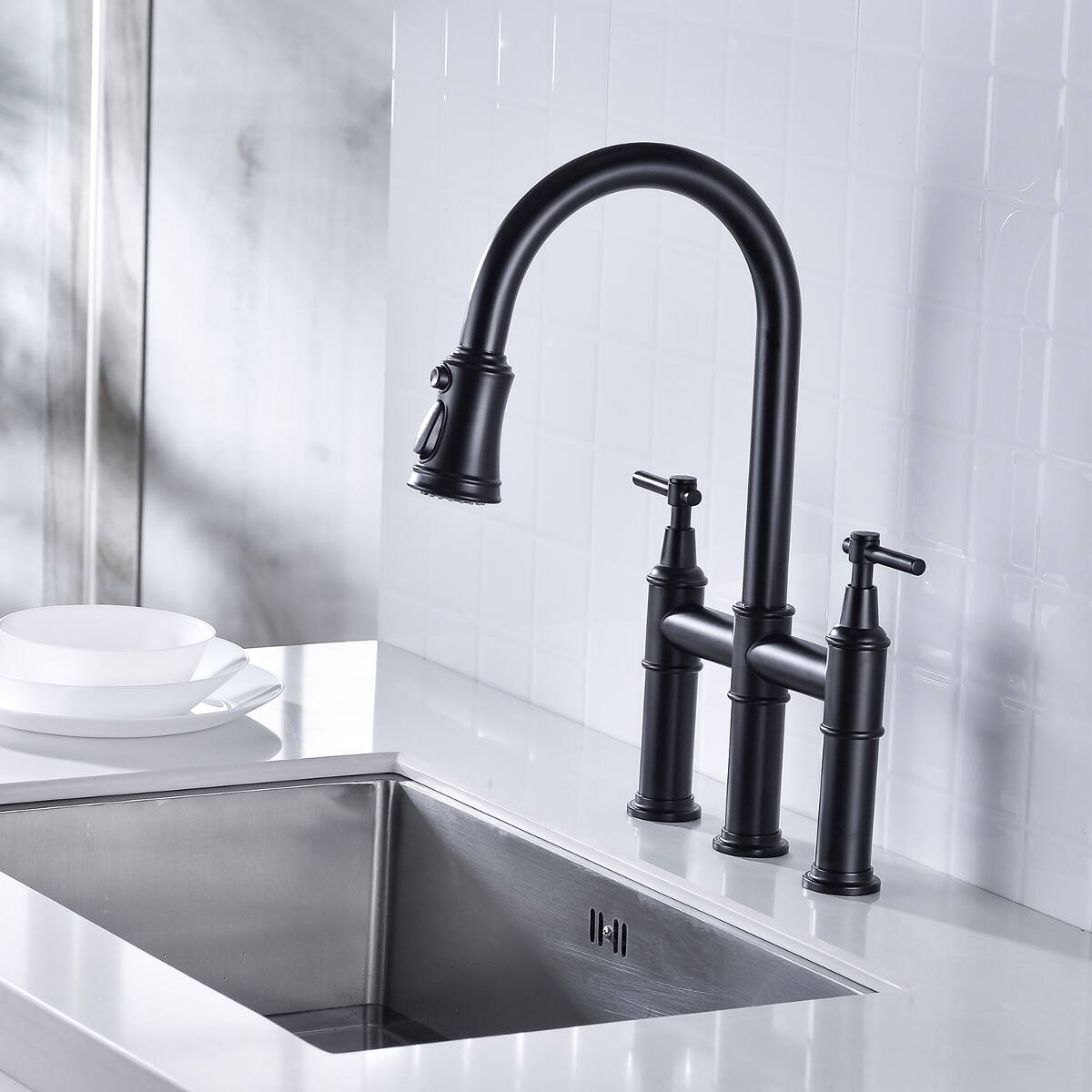 Alt View 3. Ropilly - Ropilly Bridge Kitchen Faucet with Pull Down Spray Head, Matte Black Finish, Dual Handle Brass Kitchen Faucet - Matte Black.