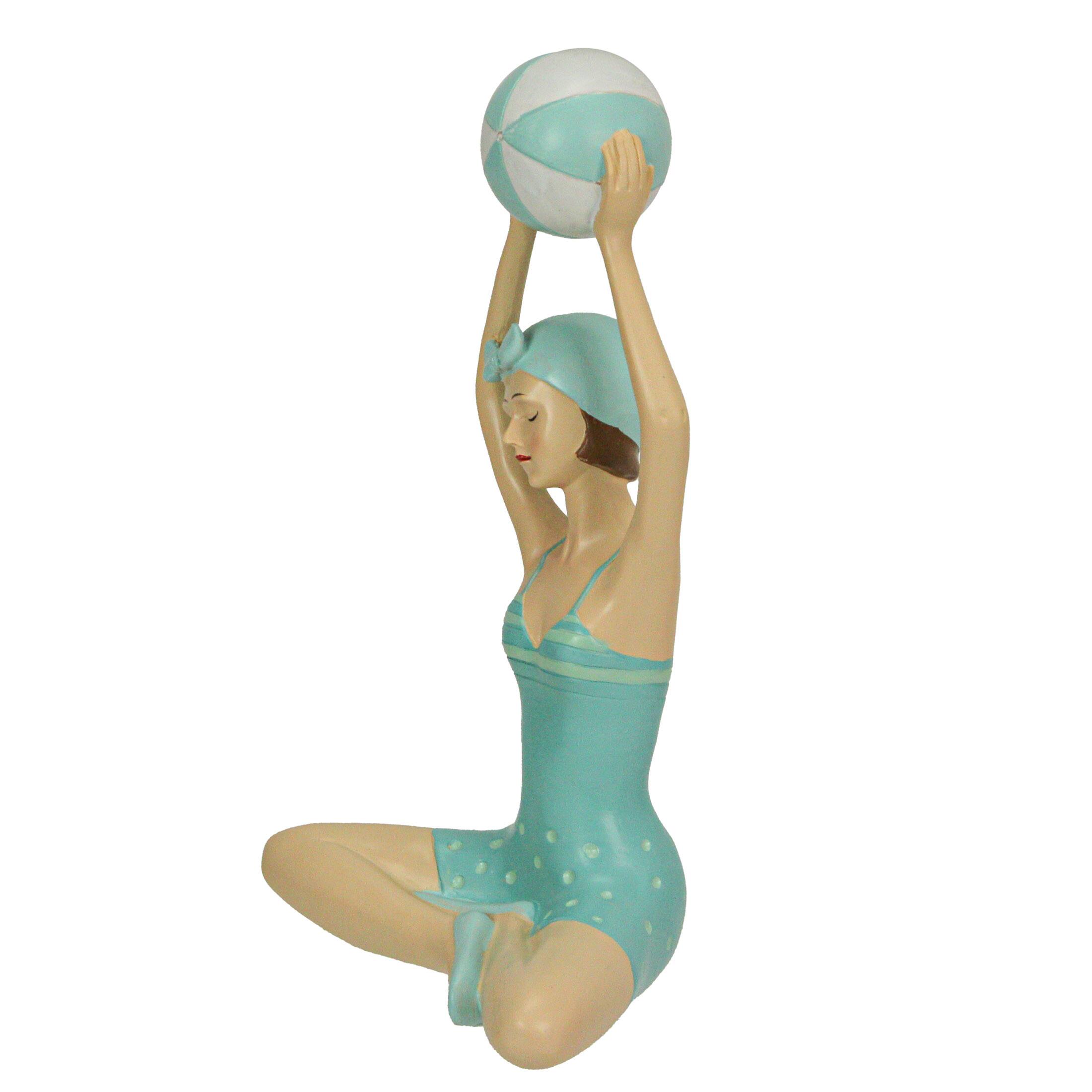 Alt View 2. Fancy That - Retro Bathing Beauty Beach Girl With Ball Sage Green Polka Dot Swimsuit Figurine - Aqua.