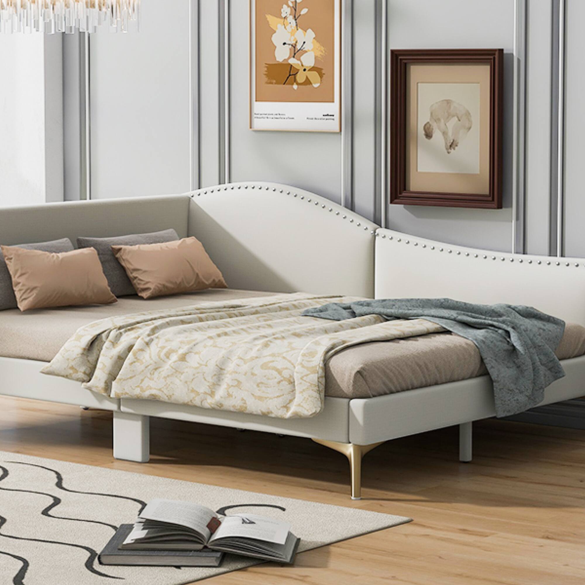 Alt View 4. GOODSILO - Full Size Upholstered Daybed with Headboard and Armrest, Support Legs - Beige.