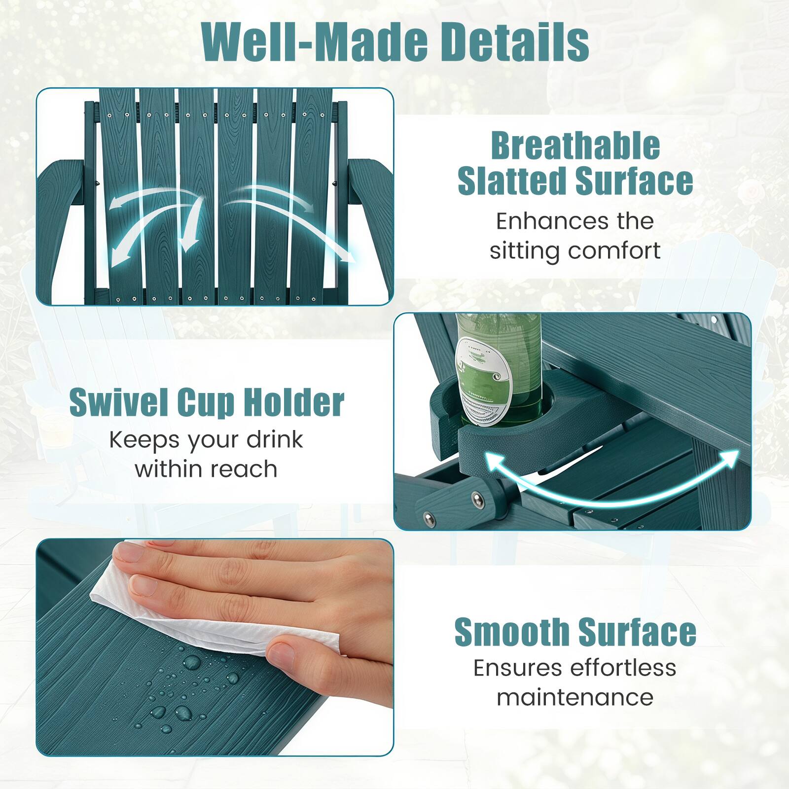 Well-Made Details

Breathable Slatted Surface
Enhances the sitting comfort

Swivel Cup Holder
Keeps your drink within reach

Smooth Surface
Ensures effortless maintenance