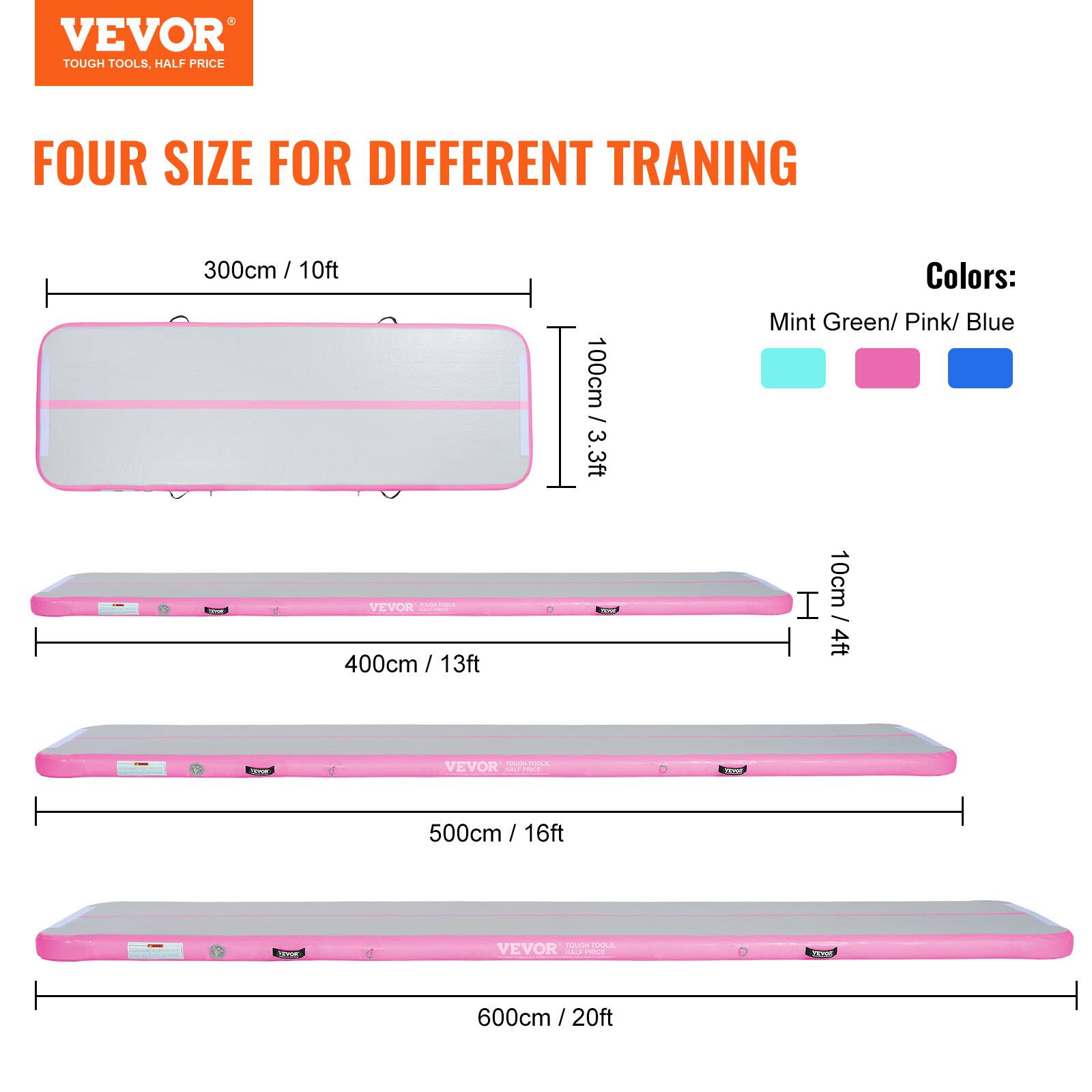 VEVOR TOUGH TOOLS, HALF PRICE FOUR SIZE FOR DIFFERENT TRAINING

300cm / 10ft 100cm / 3.3ft

Colors: Mint Green/ Pink/ Blue

VEVOR 400cm / 13ft 10cm / 4ft

VEVOR 500cm / 16ft

VEVOR 600cm / 20ft