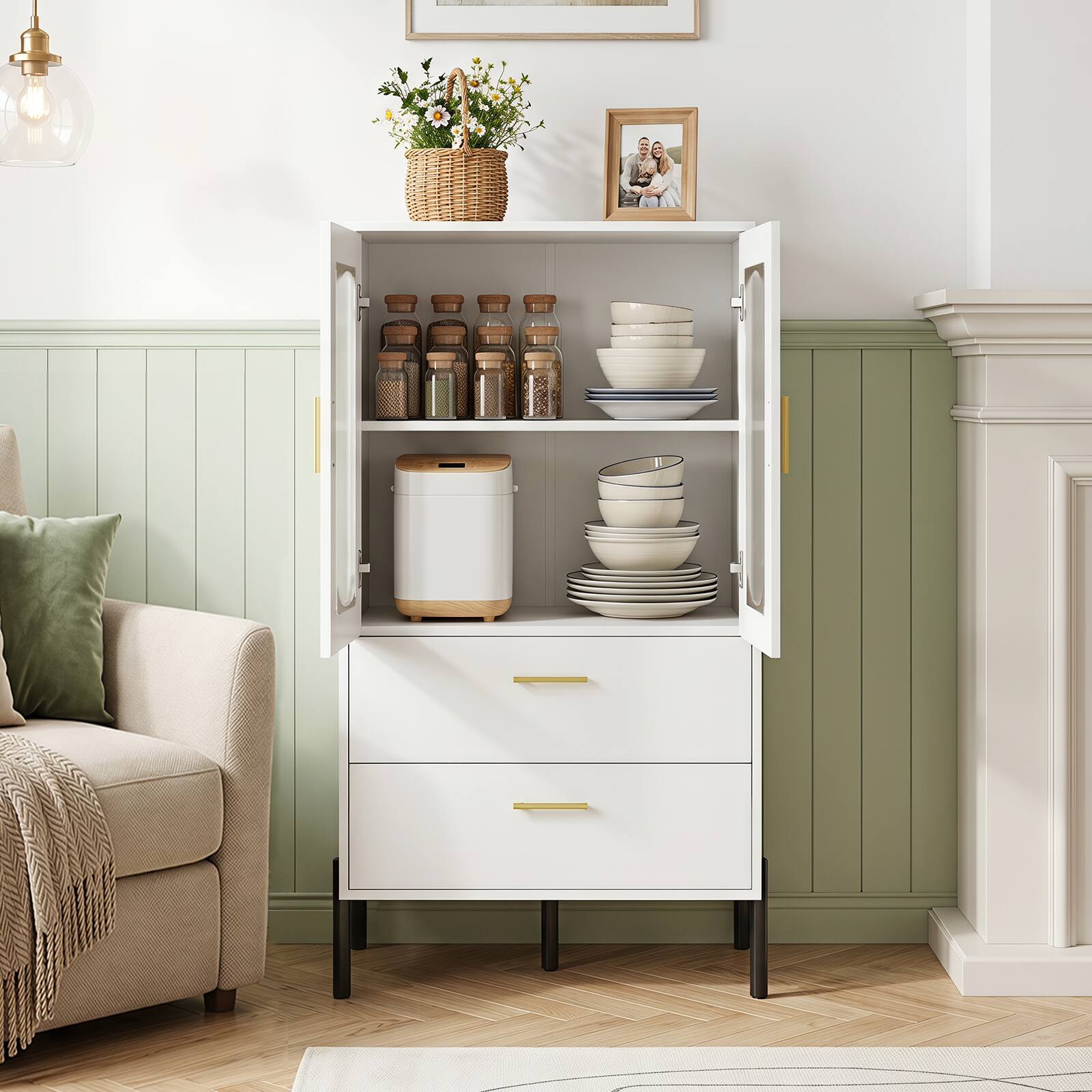 Alt View 4. Costway - Costway Modern Sideboard Buffet Cabinet with Fluted Doors, 2 Drawers, Solid Metal Frame - White.