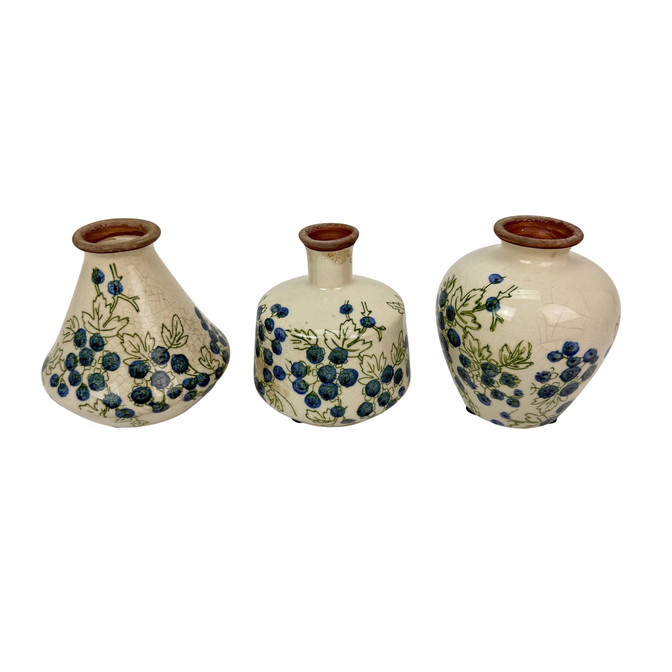 Front. Things2Die4 - Ceramic Vase Set of 3 Blueberry Floral Crackle Glaze 4.75 Inch Decor - Blue.