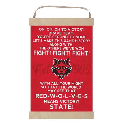 ON, ON, ON TO VICTORY
BRAVE TEAM
YOU'RE SECOND TO NONE
LET'S MAKE THIS GAME HISTORY
ALONG WITH THE OTHERS WE'VE WON
FIGHT! FIGHT! FIGHT!
Est 909
WITH ALL YOUR MIGHT
SO THAT THE WORLD MAY SEE THAT
RED-W-O-L-V-E-S
MEANS VICTORY!
STATE!