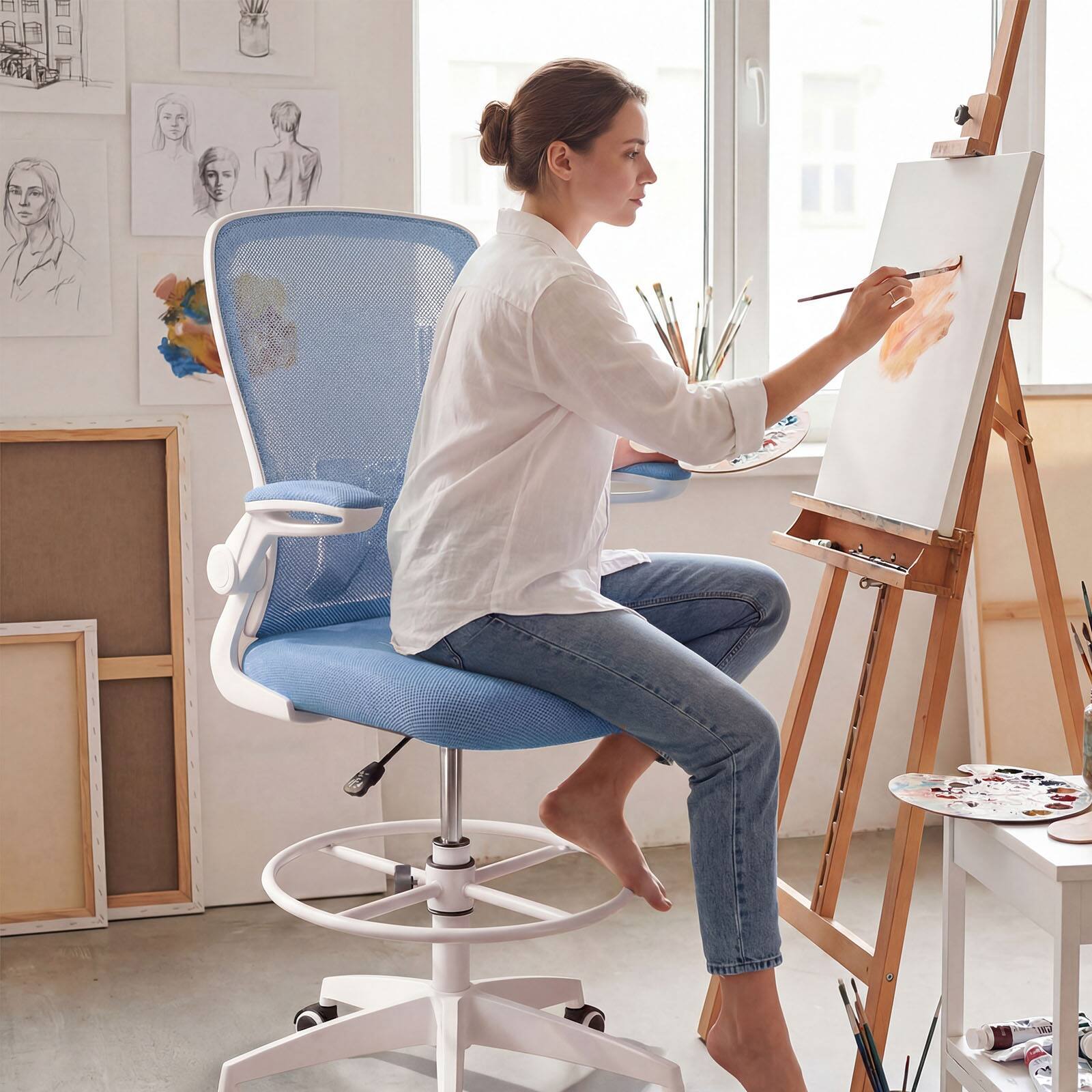 Alt View 3. Gymax - Gymax 2PCS Home Office Drafting Chair w/Flip-Up Armrests Adjustable Footrest Ring - Blue.