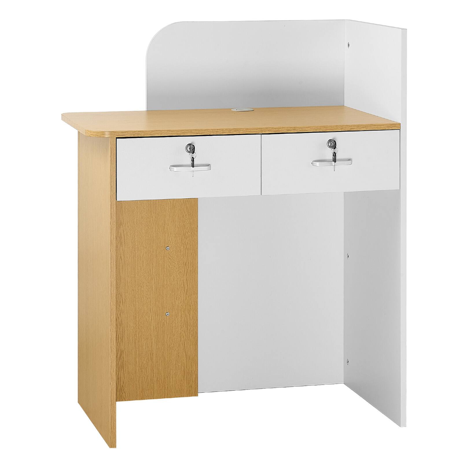 Alt View 5. VEVOR - Reception Desk, 31.5 inch Rectangular Front Counter Table, Modern Office Reception Desk with LED Light, 2 Drawers - White + Wood.