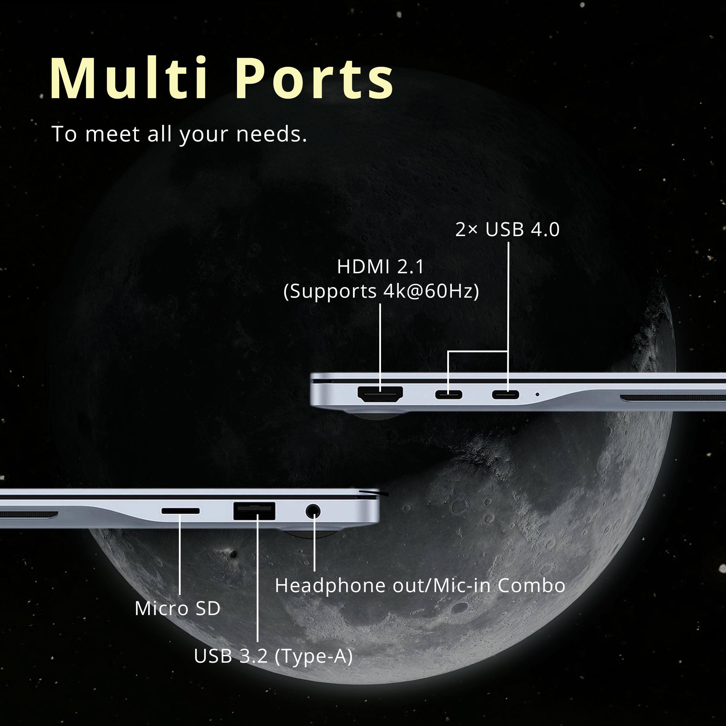Multi Ports  
To meet all your needs.  

2x USB 4.0  
HDMI 2.1 (Supports 4k@60Hz)  
Micro SD  
Headphone out/Mic-in Combo  
USB 3.2 (Type-A)