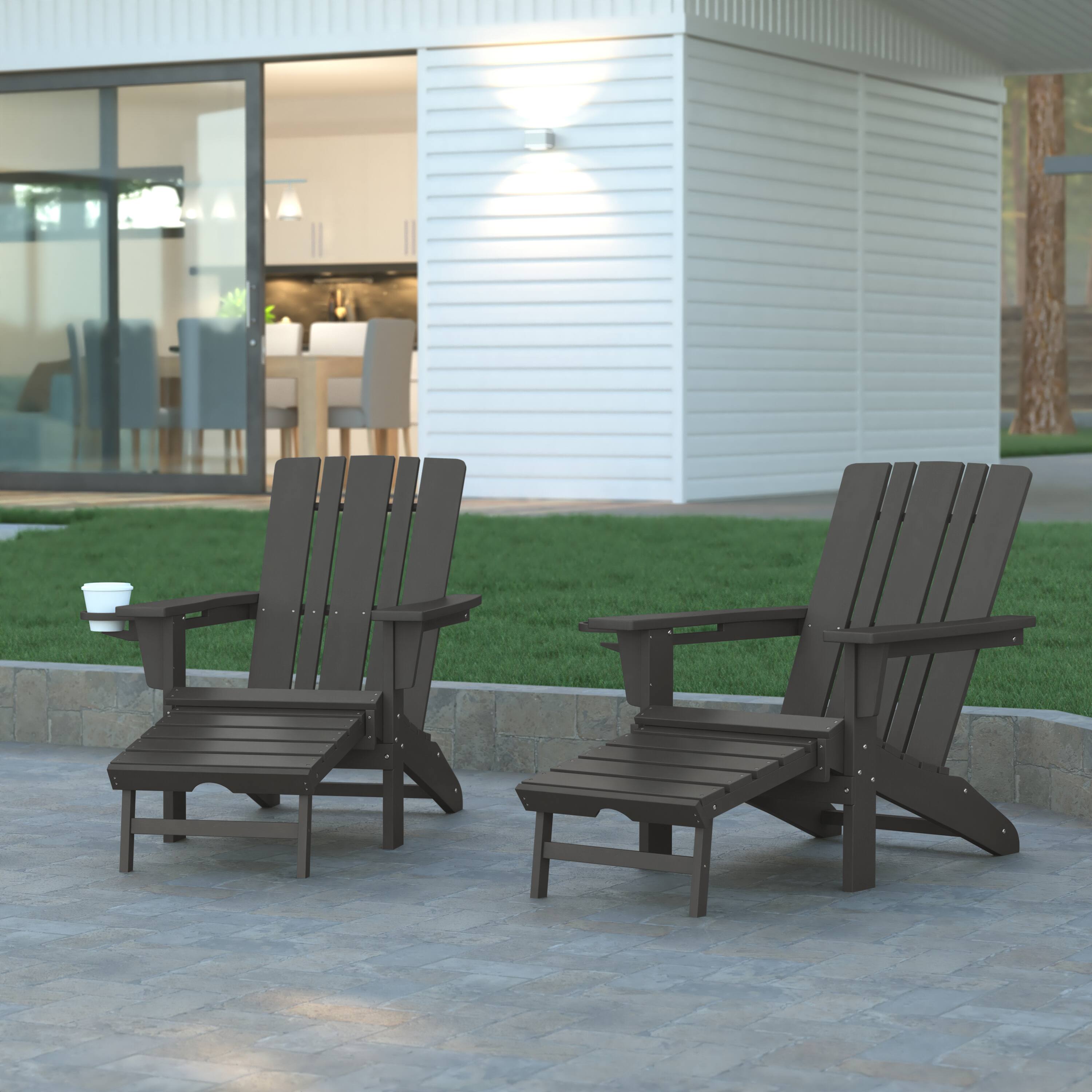 Alt View 2. Emma + Oliver - Haley Set of 2 Adirondack Chairs with Cup Holders and Pull Out Ottoman, All-Weather HDPE Indoor/Outdoor Lounge Chairs - Gray.