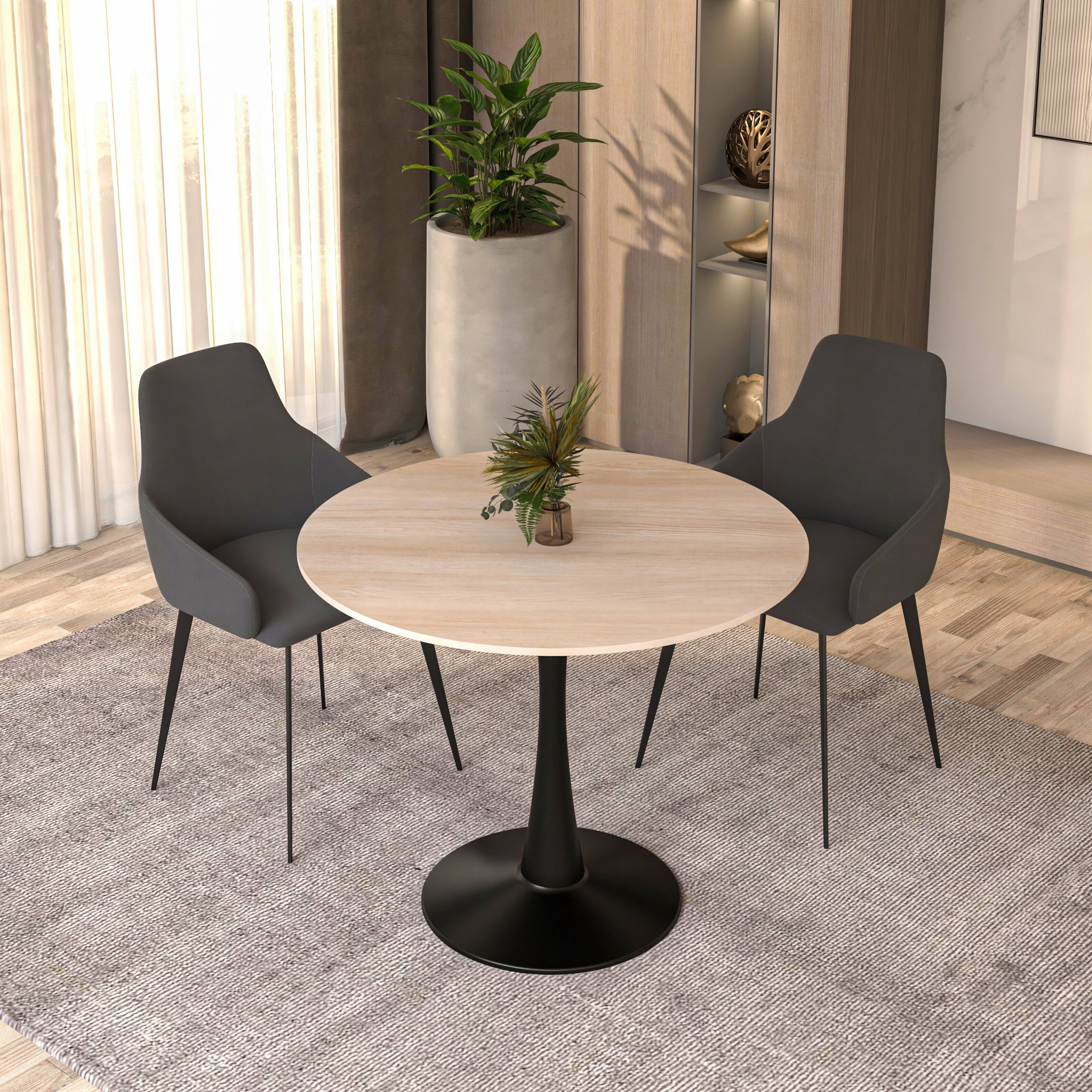 Angle. LeisureMod - Bristol 31" Mid-Century Modern Round Pedestal Dining Table - Glossy MDF/Stone Top for Kitchen & Cafe - Stone - Natural Wood.