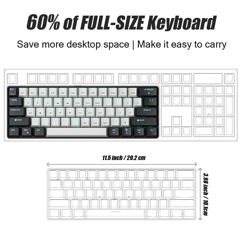 60% of FULL-SIZE Keyboard  
Save more desktop space | Make it easy to carry  

ESC F1 F2 F3 F4 F5 F6 F7 F8 F9 F10 F11 F12  
Tab Backspace  
CapsLock Shift  
Ctrl Win Alt  
Enter  
Del End PgDn  
PgUp Home PgUp  
Insert Delete  
PrtScn Scroll Lock Pause  
11.5 inch / 29.2 cm  
3.98 inch / 10.1 cm