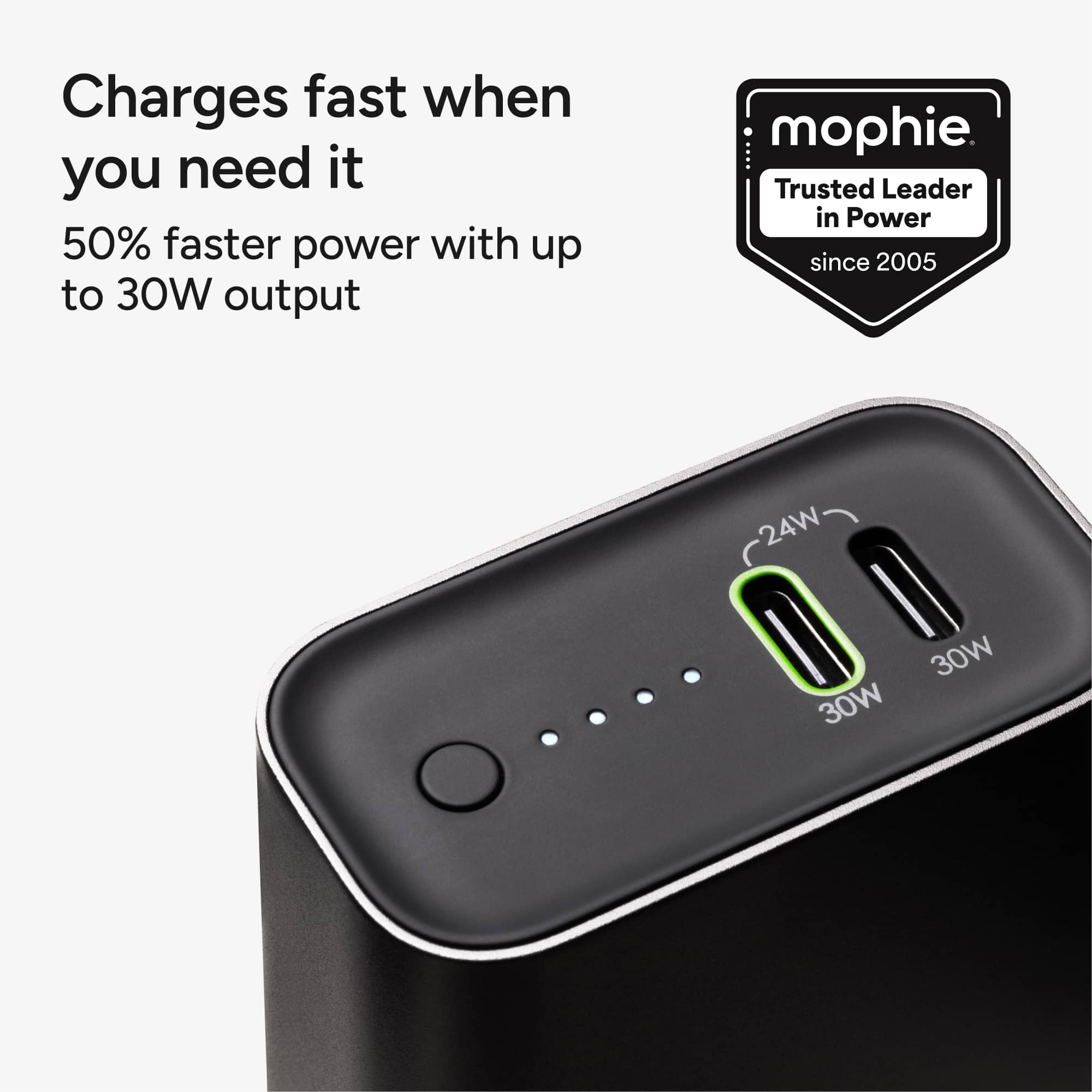 Charges Fast When You Need It 50% Faster Power with Up to 30W Output Mophie Trusted Leader in Power Since 2005 24W 30W 30W