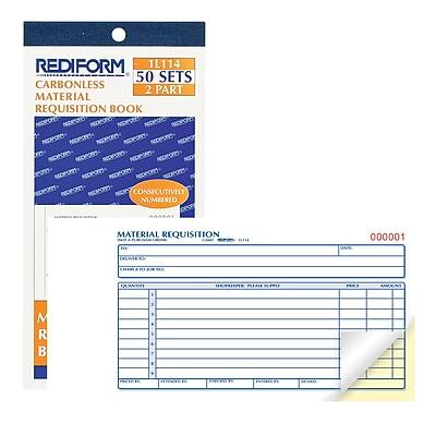 REDIFORM  
1L114  
50 SETS  
CARBONLESS  
2 PART  
MATERIAL REQUISITION BOOK  
CONSECUTIVELY NUMBERED  

MATERIAL REQUISITION  
MRB  

000001
