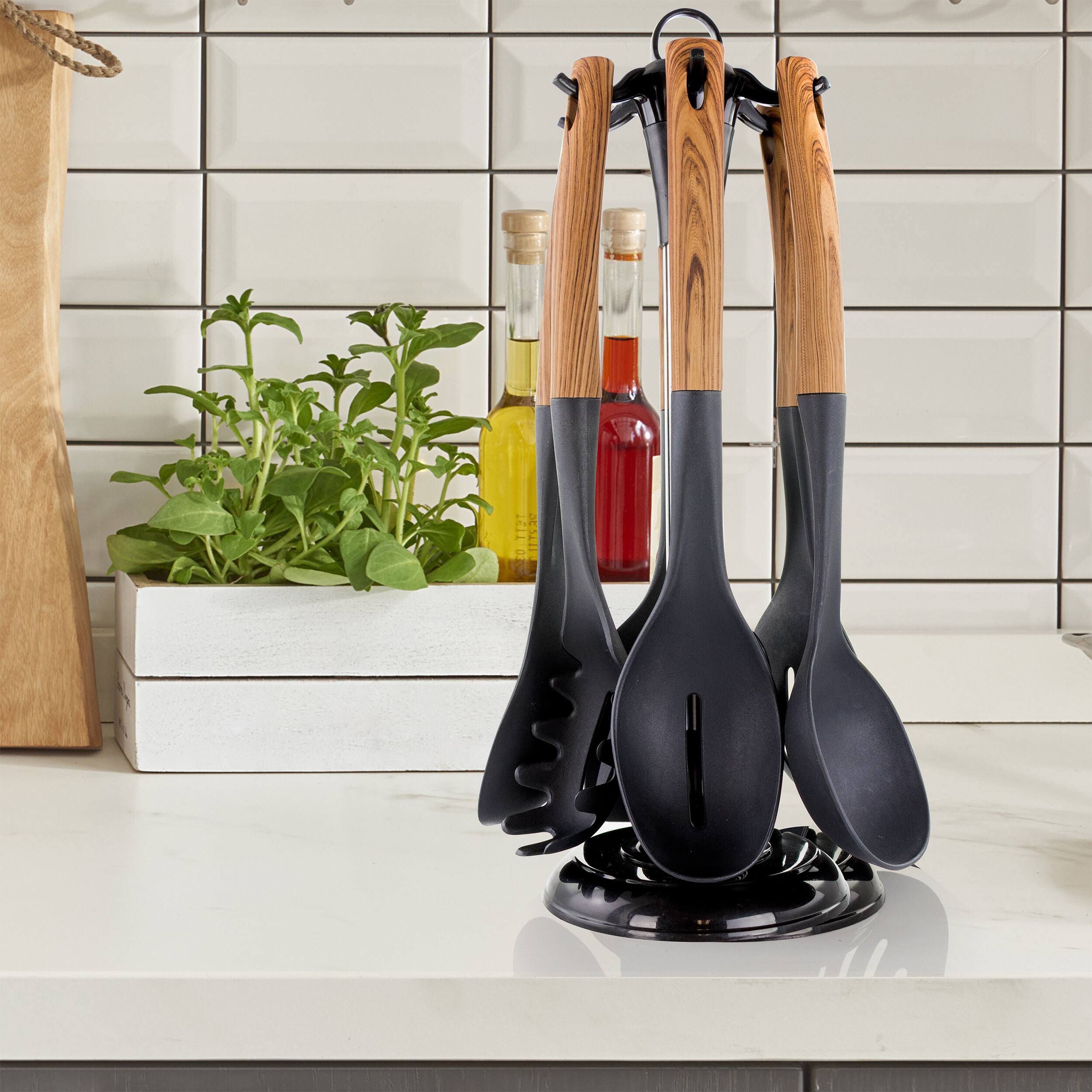 Alt View 7. MegaChef - MegaChef Black Nylon Cooking Utensils with Wood Design, Set of 7 - Black.