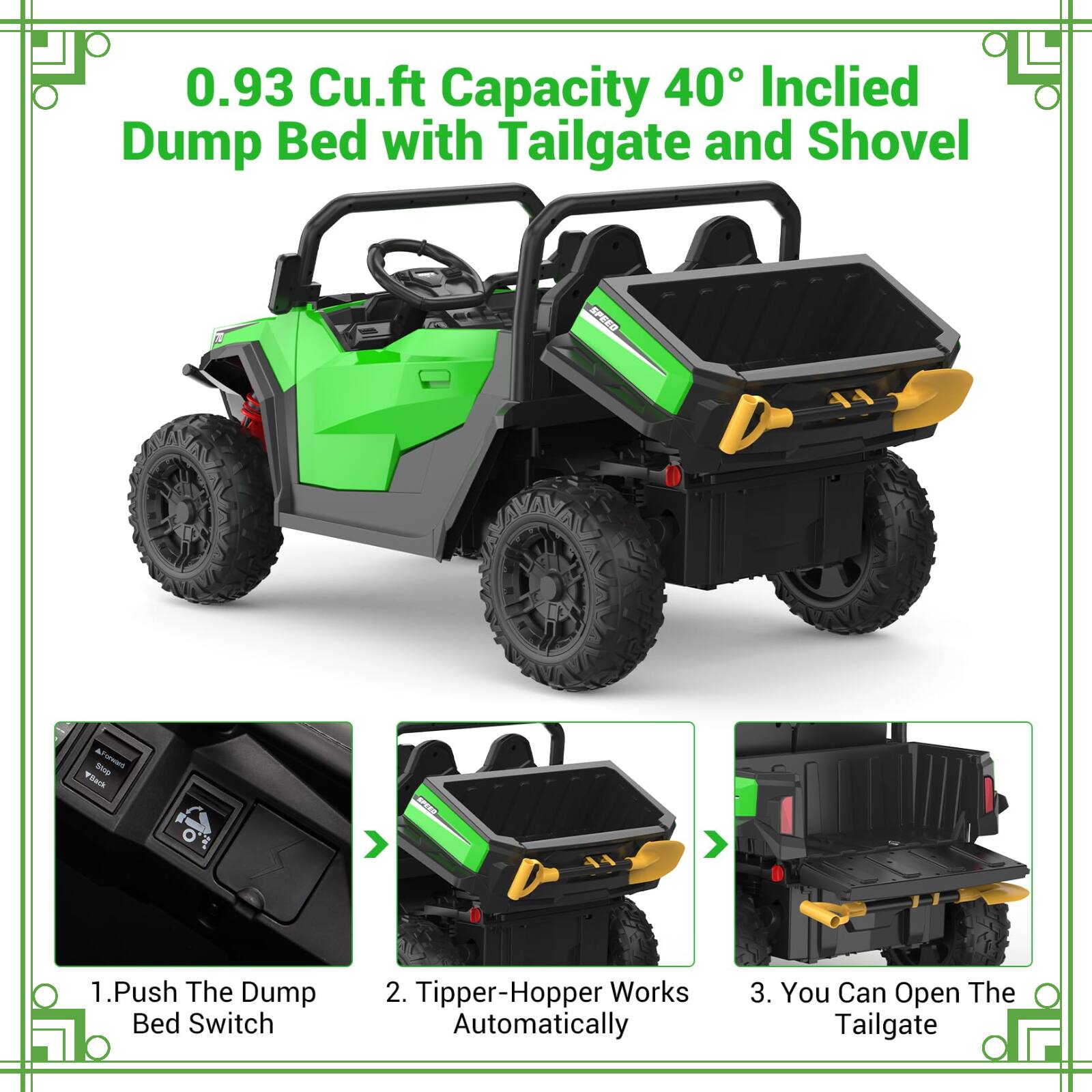 0.93 Cu.ft Capacity 40° Inclined Dump Bed with Tailgate and Shovel

1. Push The Dump Bed Switch
2. Tipper-Hopper Works Automatically
3. You Can Open The Tailgate