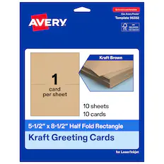 Go to avery.com/templates
Use Avery Presta Template 95352
MX Kraft Brown
FSC - I - FSC C007276
1 card per sheet
10 sheets
10 cards
5-1/2" x 8-1/2" Half Fold Rectangle Kraft Greeting Cards for Laser/Inkjet