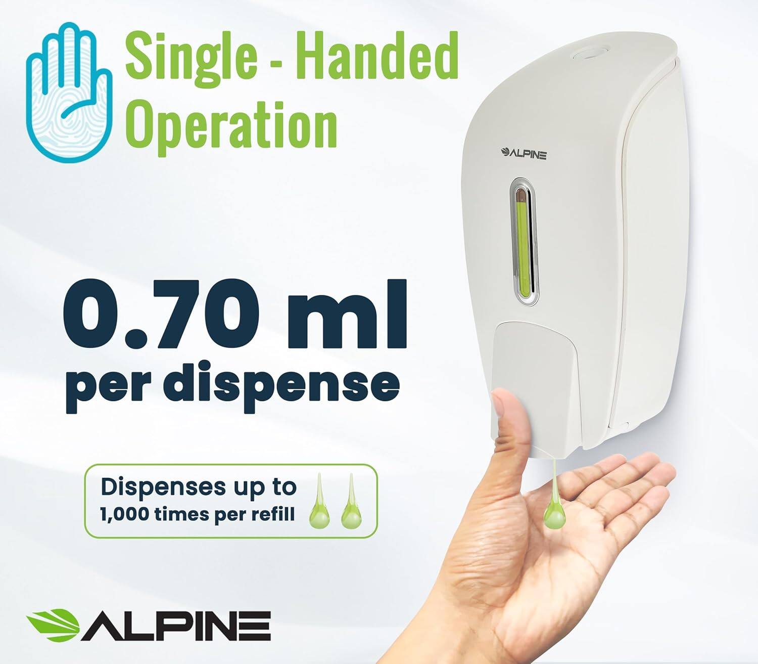 ALPINE, Single - Handed Operation, 0.70 ml per dispense, Dispenses up to 1,000 times per refill, ALPINE