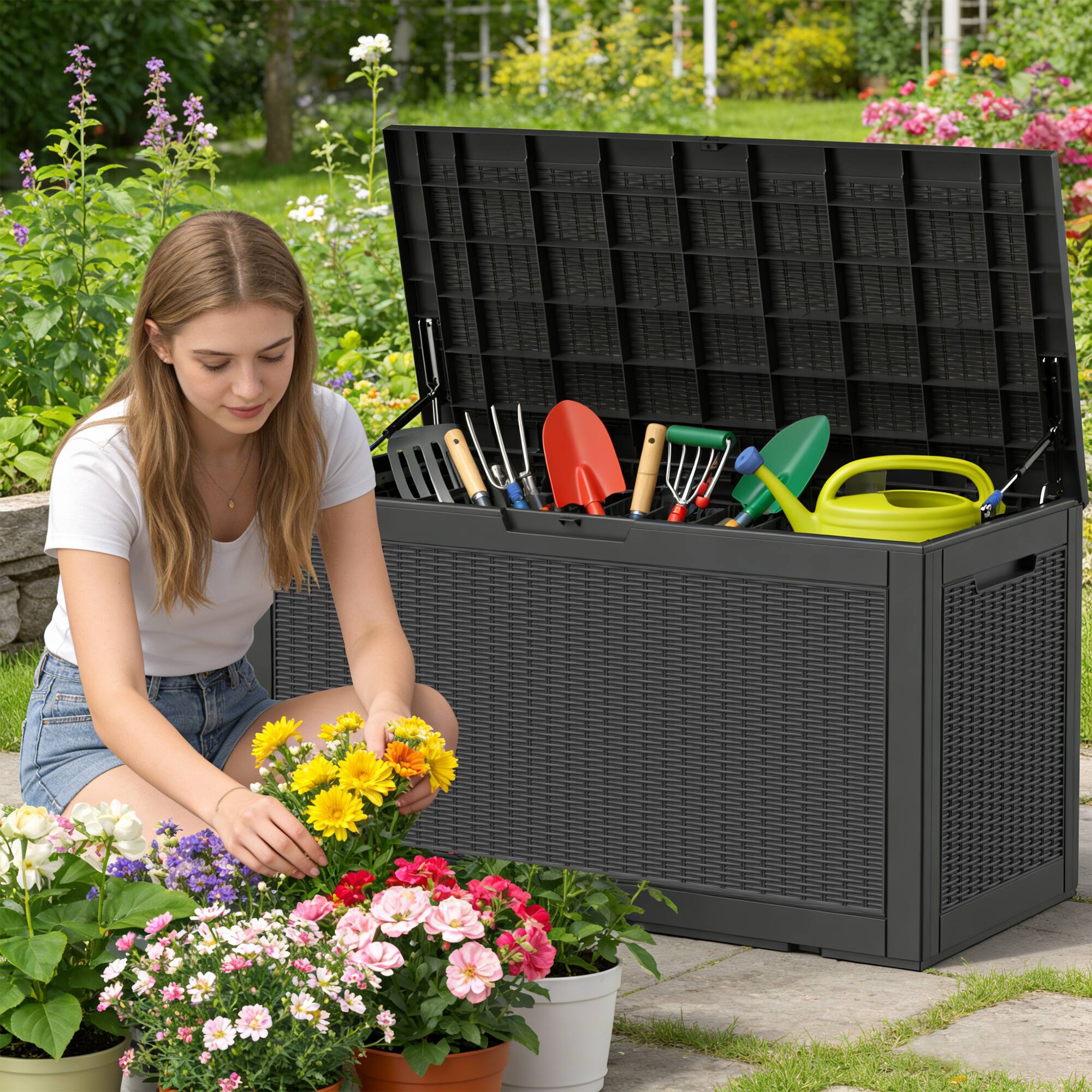 Angle. Yardgrace - 100 Gal Resin Deck Box, Lockable Patio Outdoor Storage Box for Furniture, Garden Tools, Waterproof Outside Storage Boxes - black.