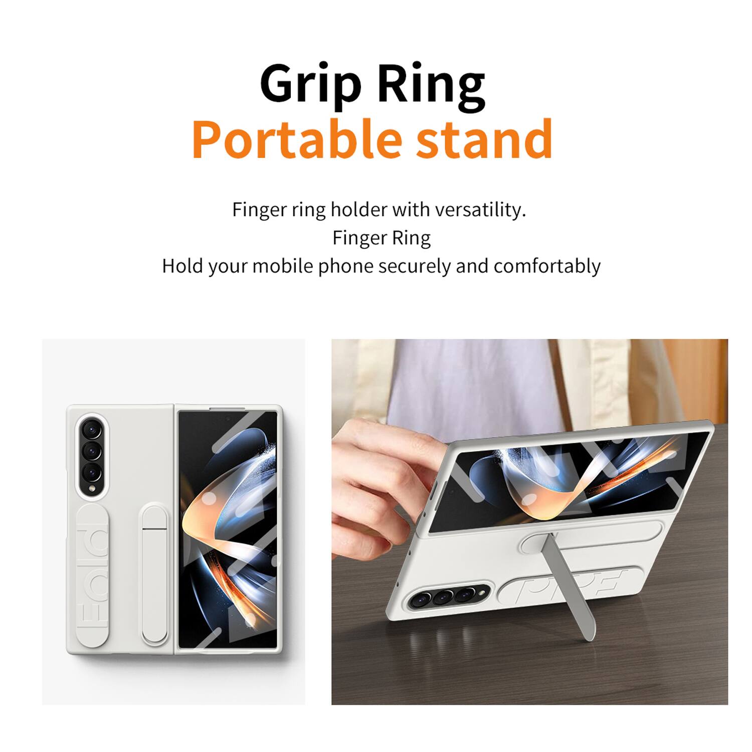 Grip Ring Portable Stand

Finger ring holder with versatility.  
Finger Ring  
Hold your mobile phone securely and comfortably