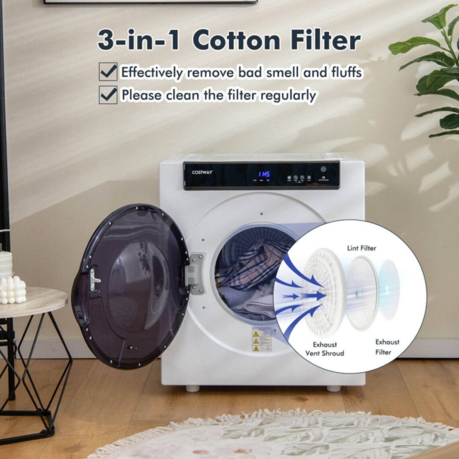 3-in-1 Cotton Filter  
Effectively remove bad smell and fluffs  
Please clean the filter regularly  

COSTWAY IHS Lint Filter Exhaust Vent Shroud Exhaust Filter