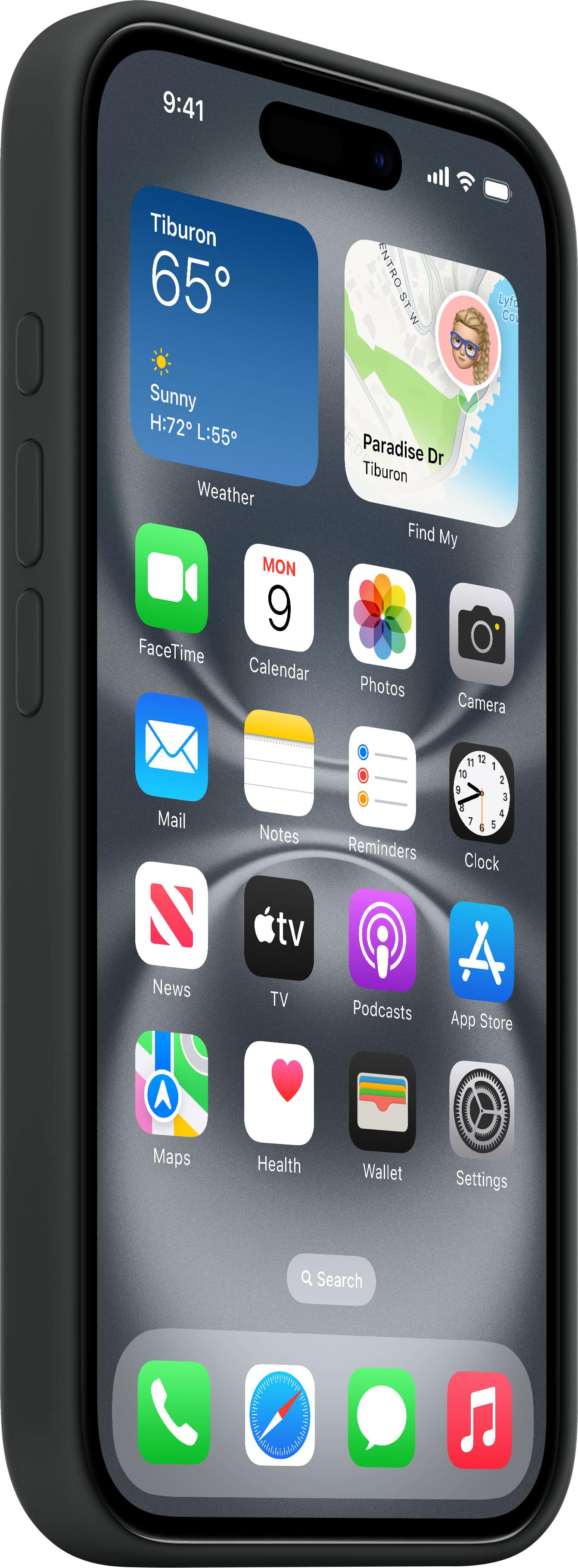 The image shows a smartphone screen displaying various apps, including FaceTime, Calendar, Paradise Dr, Tiburon, Find My, Photos, Camera, Mail, News, Maps, Notes, TV, Health, Reminders, Clock, Podcasts, and App Store. The time displayed on the screen is 9:41.