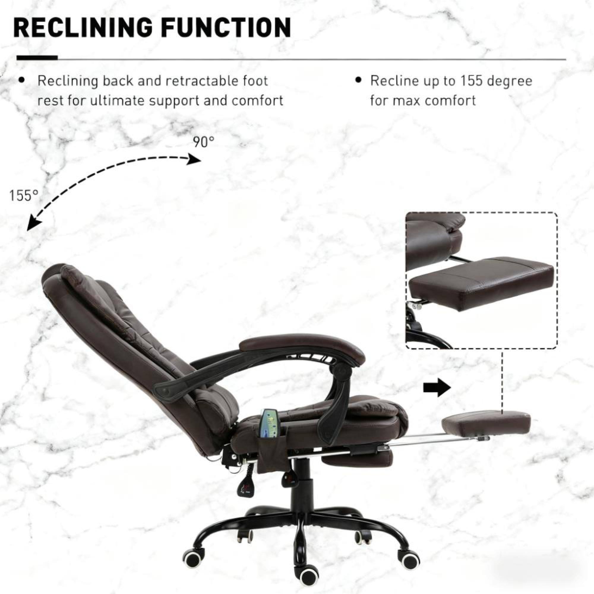 RECLINING FUNCTION

- Reclining back and retractable foot rest for ultimate support and comfort
- Recline up to 155 degrees for max comfort

90°
155°