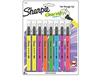 Sure, here is the corrected and grouped text:
**Product Name:**
- Sharpie Clear View Highlighter
**Features:**
- See through tip
- Smear Guard
**Packaging Details:**
- 8 ct
- Stick Highlighter
**Colors:**
- Yellow
- Pink
- Orange
- Green
- Blue
- Purple
- Red
**Additional Text:**
- Sharpie
- Smear Guard
