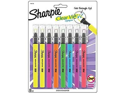 Sure, here is the corrected and grouped text:

**Product Name:**
- Sharpie Clear View Highlighter

**Features:**
- See through tip
- Smear Guard

**Packaging Details:**
- 8 ct
- Stick Highlighter

**Colors:**
- Yellow
- Pink
- Orange
- Green
- Blue
- Purple
- Red

**Additional Text:**
- Sharpie
- Smear Guard