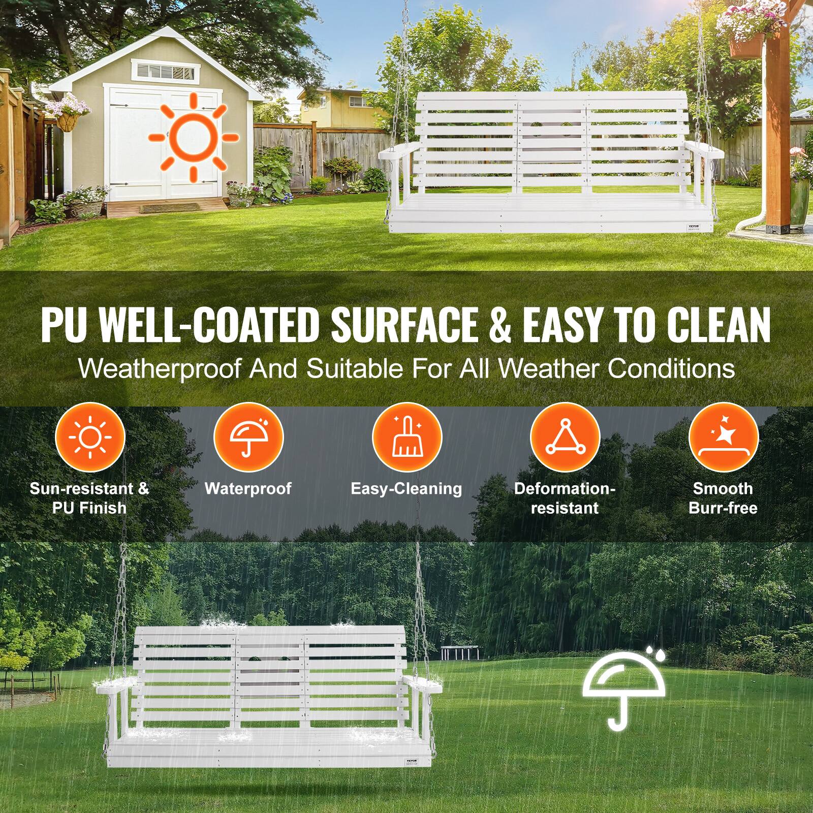 PU WELL-COATED SURFACE & EASY TO CLEAN

Weatherproof And Suitable For All Weather Conditions

- Sun-resistant & PU Finish
- Waterproof
- Easy-Cleaning
- Deformation-resistant
- Smooth
- Burr-free