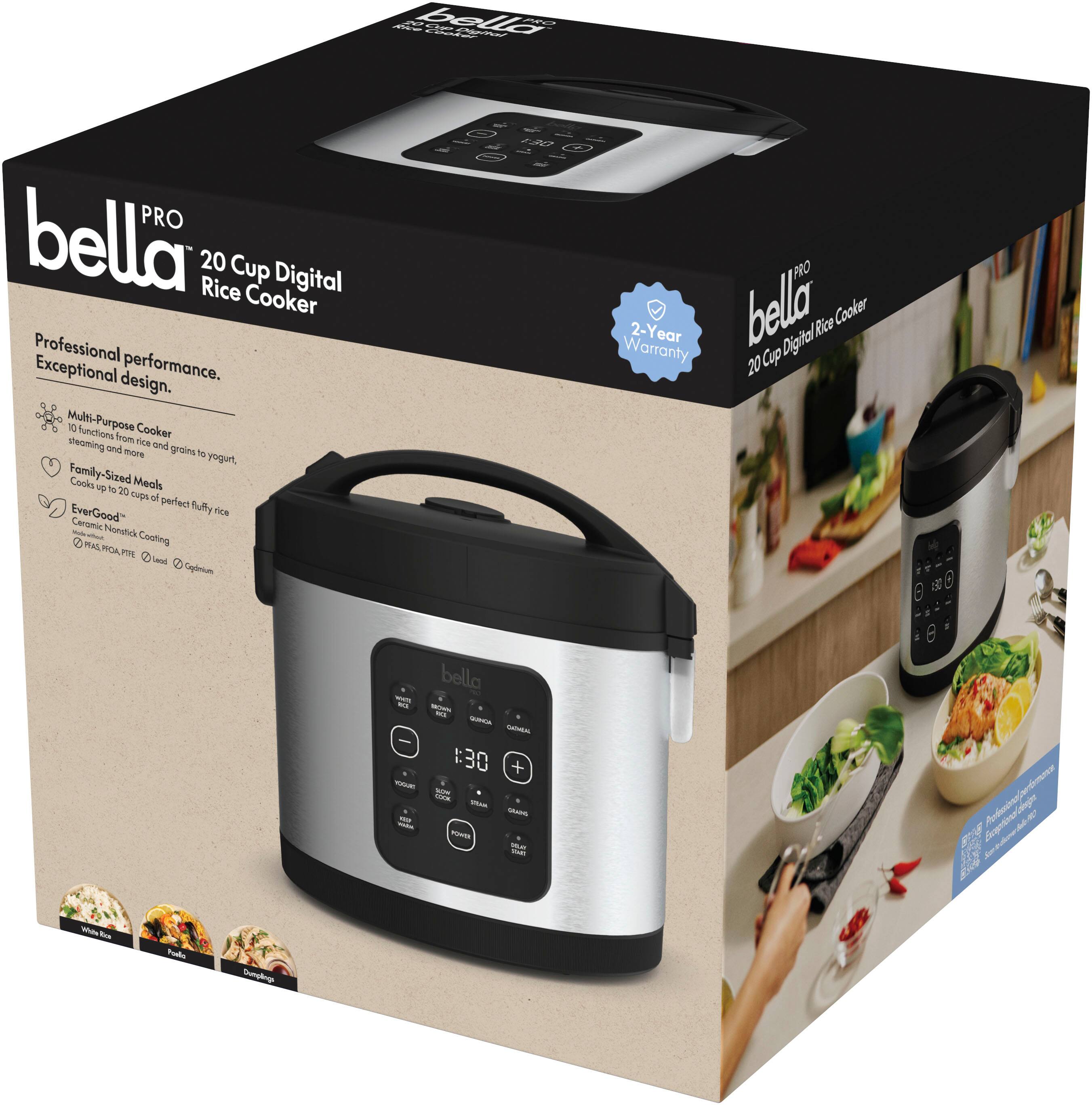 The image features a Bella Pro 20-Cup Digital Rice Cooker in a box. The cooker is a professional-grade appliance with exceptional design and performance. It has multi-purpose functions, including cooking rice and more, and can cook 10 or 20 cups of perfect rice. The box also includes a digital cooking guide and a 2-year warranty. The cooker is a versatile appliance that can be used for various cooking tasks, making it a valuable addition to any kitchen.