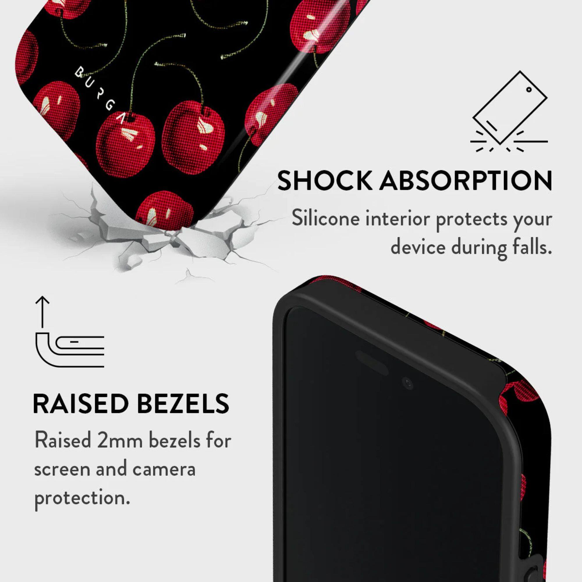 **SHOCK ABSORPTION**  
Silicone interior protects your device during falls.

**RAISED BEZELS**  
Raised 2mm bezels for screen and camera protection.