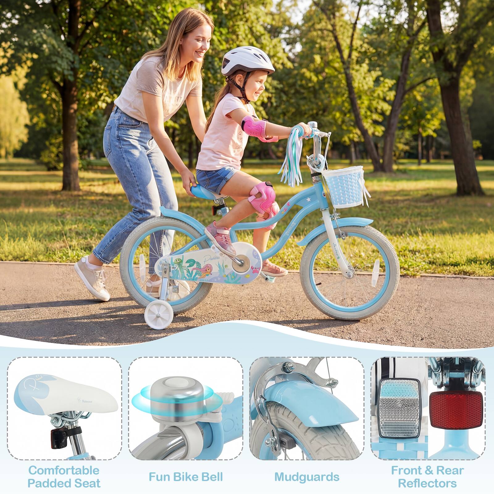 - Comfortable Padded Seat
- Fun Bike Bell
- Mudguards
- Front & Rear Reflectors