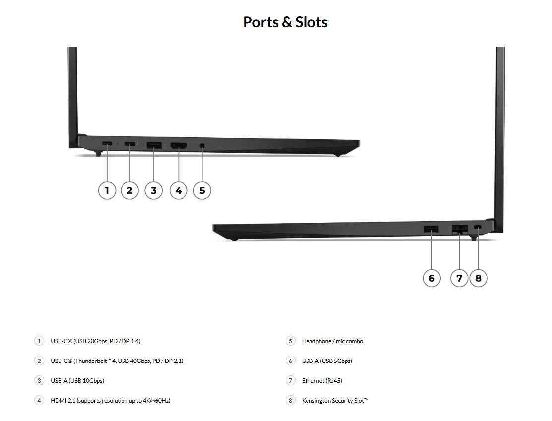 Ports & Slots

1. USB-C (USB 20Gbps, PD/DP 1.4)
2. USB-C (Thunderbolt 4, USB 40Gbps, PD/DP 2.1)
3. USB-A (USB 10Gbps)
4. HDMI 2.1 (supports resolution up to 4K@60Hz)
5. Headphone / mic combo
6. USB-A (USB 5Gbps)
7. Ethernet (RJ45)
8. Kensington Security Slot