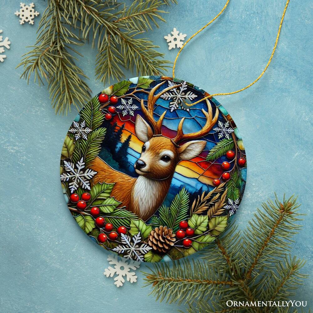 Back. OrnamentallyYou - Majestic Winter Deer in Holly Branches Ornament Enchanting Holiday Wonderland for Christmas Tree V1 - Multi-colored.