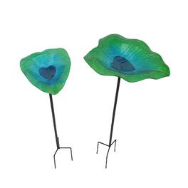 The Gerson Companies - Set of 2 Green Blue Glass Leaf Bird Bath Garden Stakes Outdoor Home Yard Decor - Multicolored