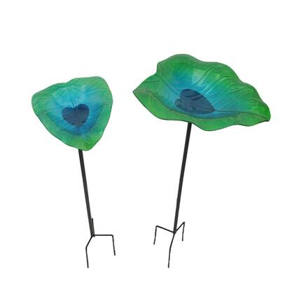 Front. The Gerson Companies - Set of 2 Green Blue Glass Leaf Bird Bath Garden Stakes Outdoor Home Yard Decor - Multicolored.