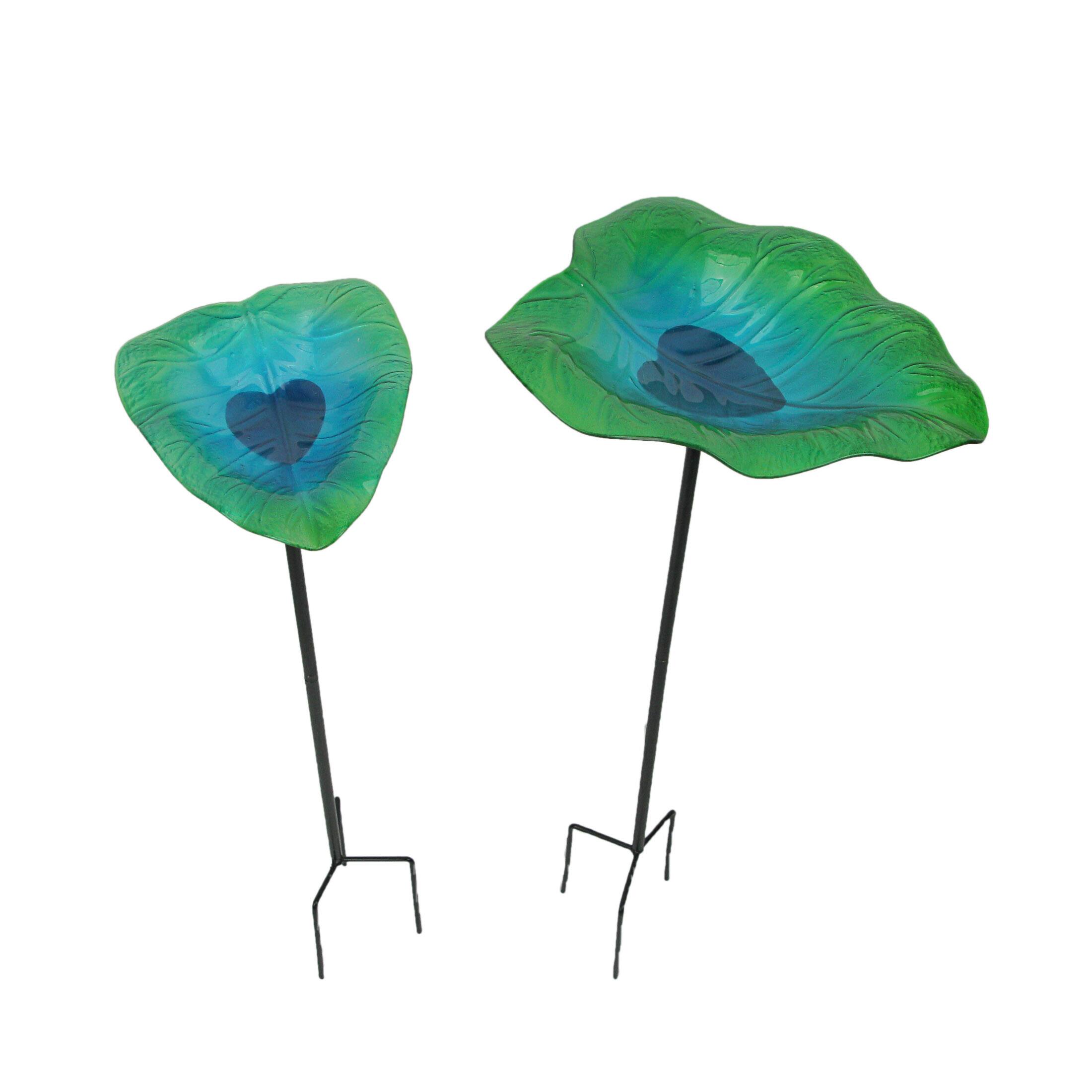 Front. The Gerson Companies - Set of 2 Green Blue Glass Leaf Bird Bath Garden Stakes Outdoor Home Yard Decor - Multicolored.