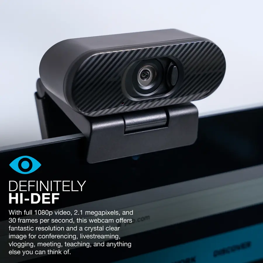 The text on the image reads: "Definitely Hi-Def. With full 1080p video, 2.1 megapixels, and 30 frames per second, this webcam offers fantastic resolution and a crystal clear image for conferencing, livestreaming, vlogging, meeting, teaching, and anything else you can think of. Discover Work."