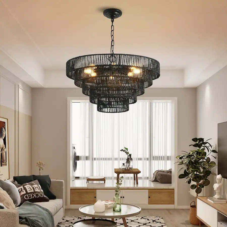 Light Fixture Rope Rustic Loheer 24 Inch Black Hemp Rope Chandelier, 5 Tier Rustic Pendant Light ...