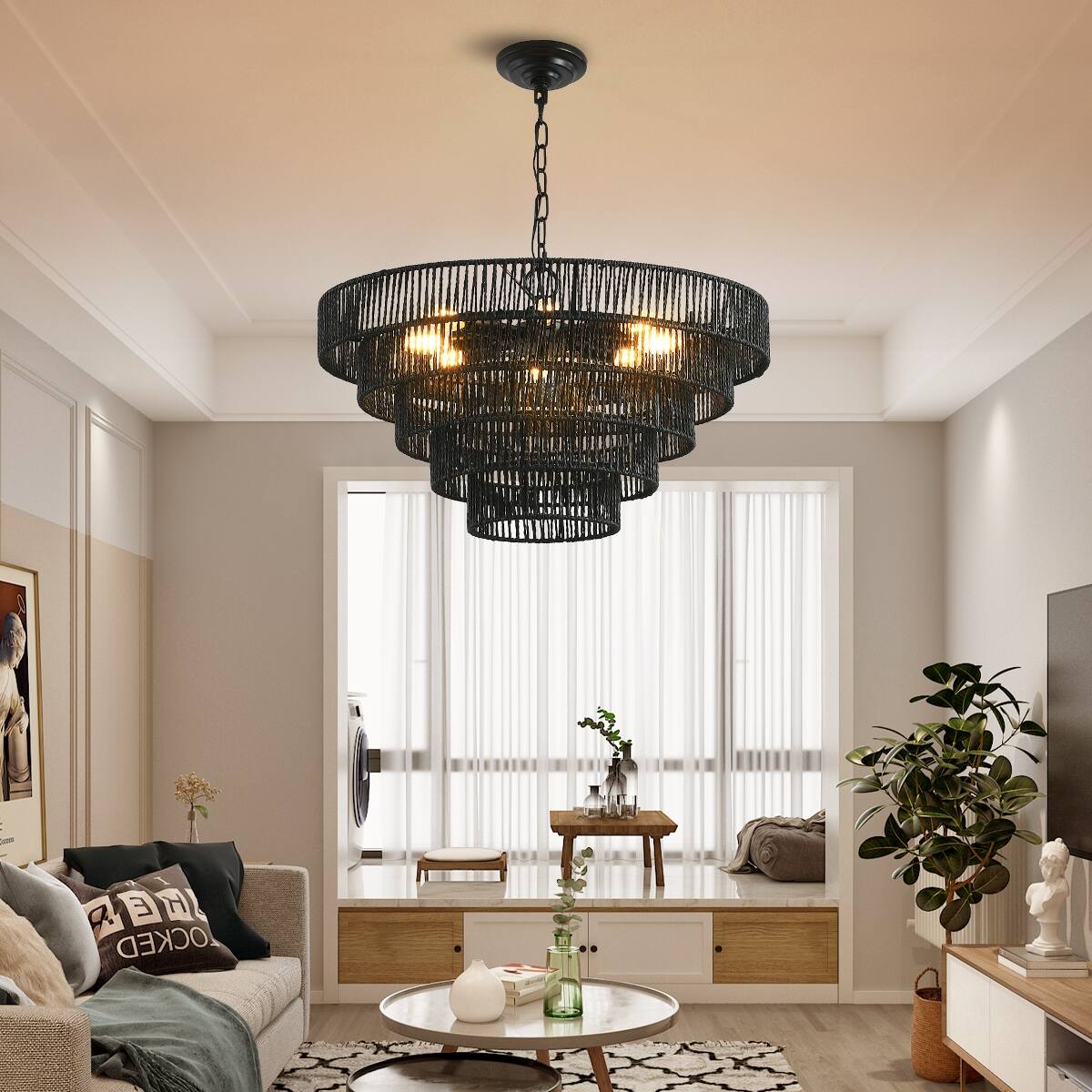 Loheer 24 Inch Black Hemp Rope Chandelier, 5 Tier Rustic Pendant Light ...