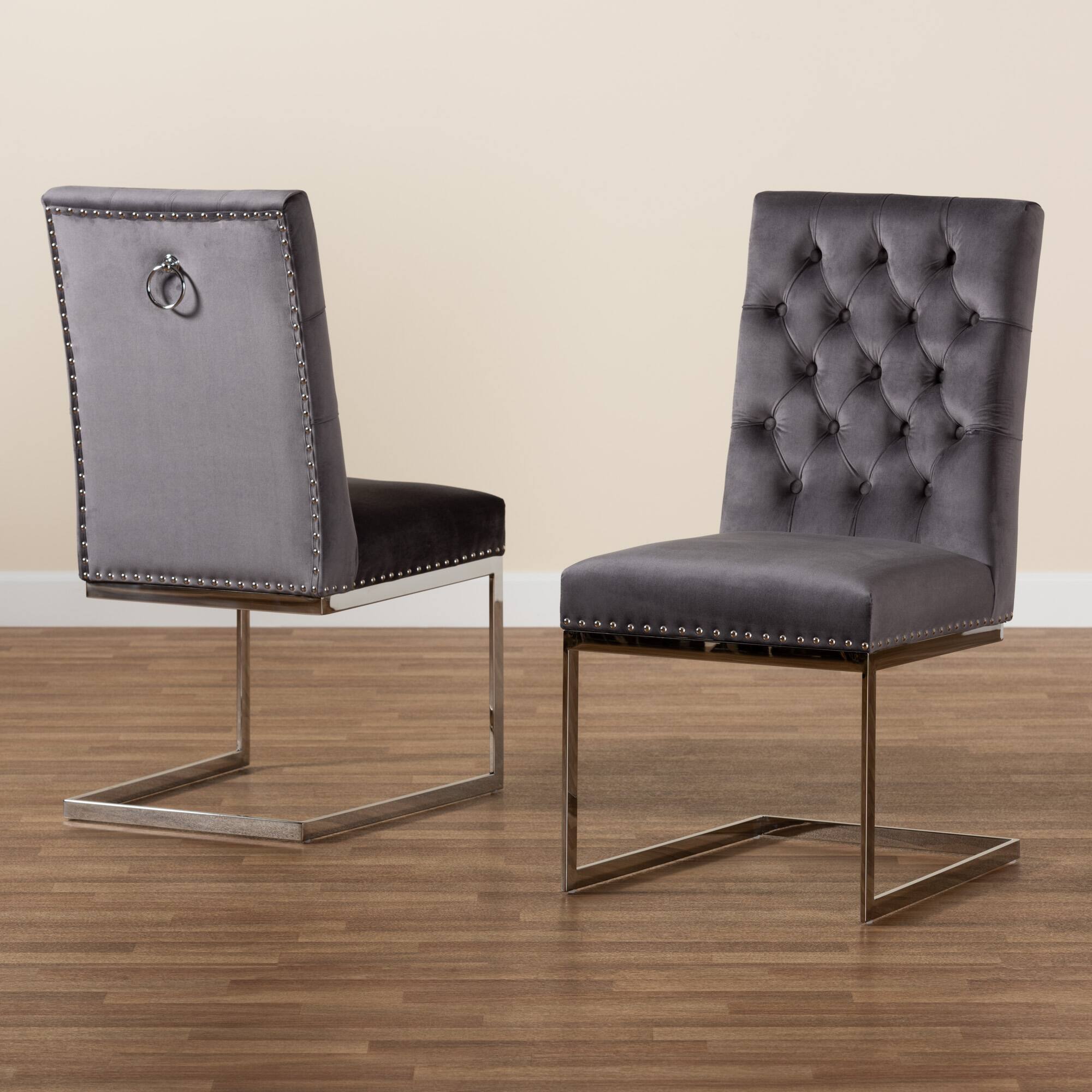 Alt View 5. Baxton Studio - Sherine Contemporary Glam and Luxe Velvet Fabric and Silver Metal 2-Piece Dining Chair Set - Grey/Silver.