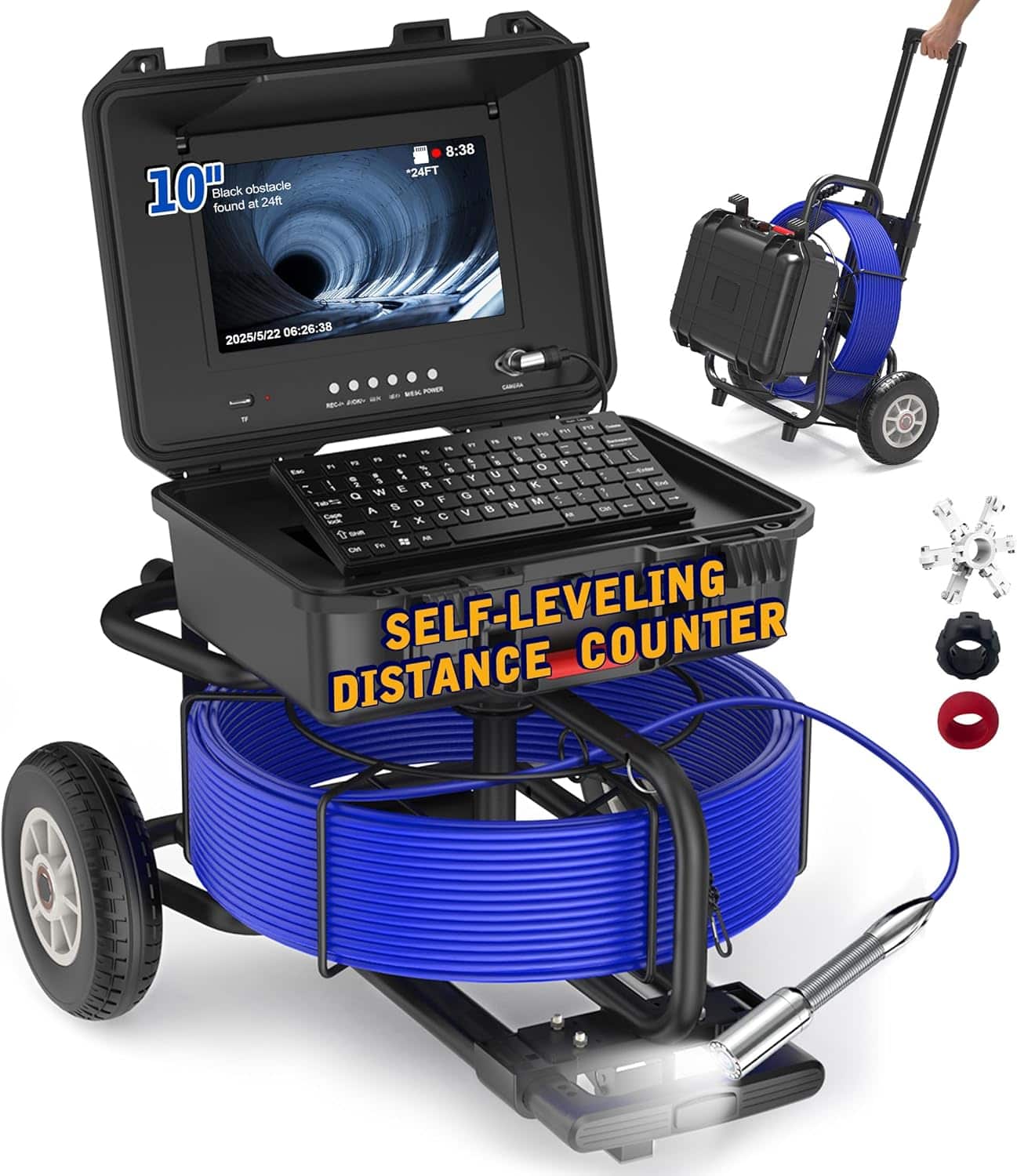 Aukfa - Sewer Camera - 10" HD Borescope with Self-Leveling, IP68, 200Ft 7MM Cable, DVR, 5X Zoom