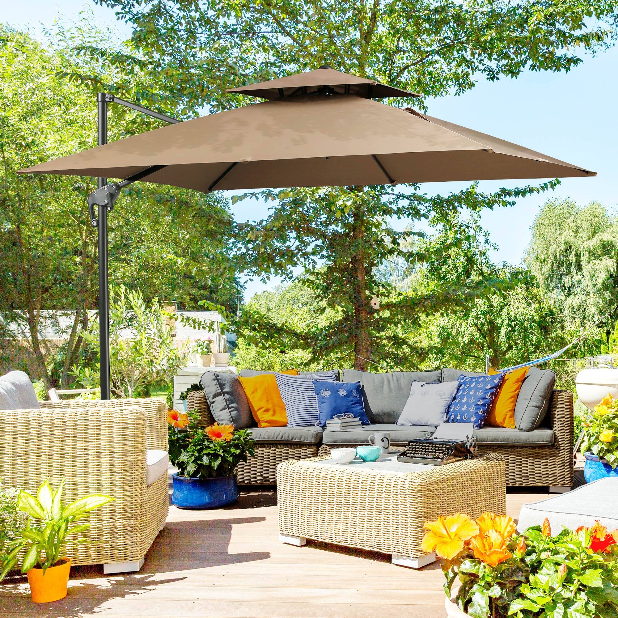 Alt View 1. Outsunny - Outsunny 10ft Offset Patio Umbrella with Base, Hanging Aluminum Cantilever Umbrella with 360-degree Rotation - Coffee.