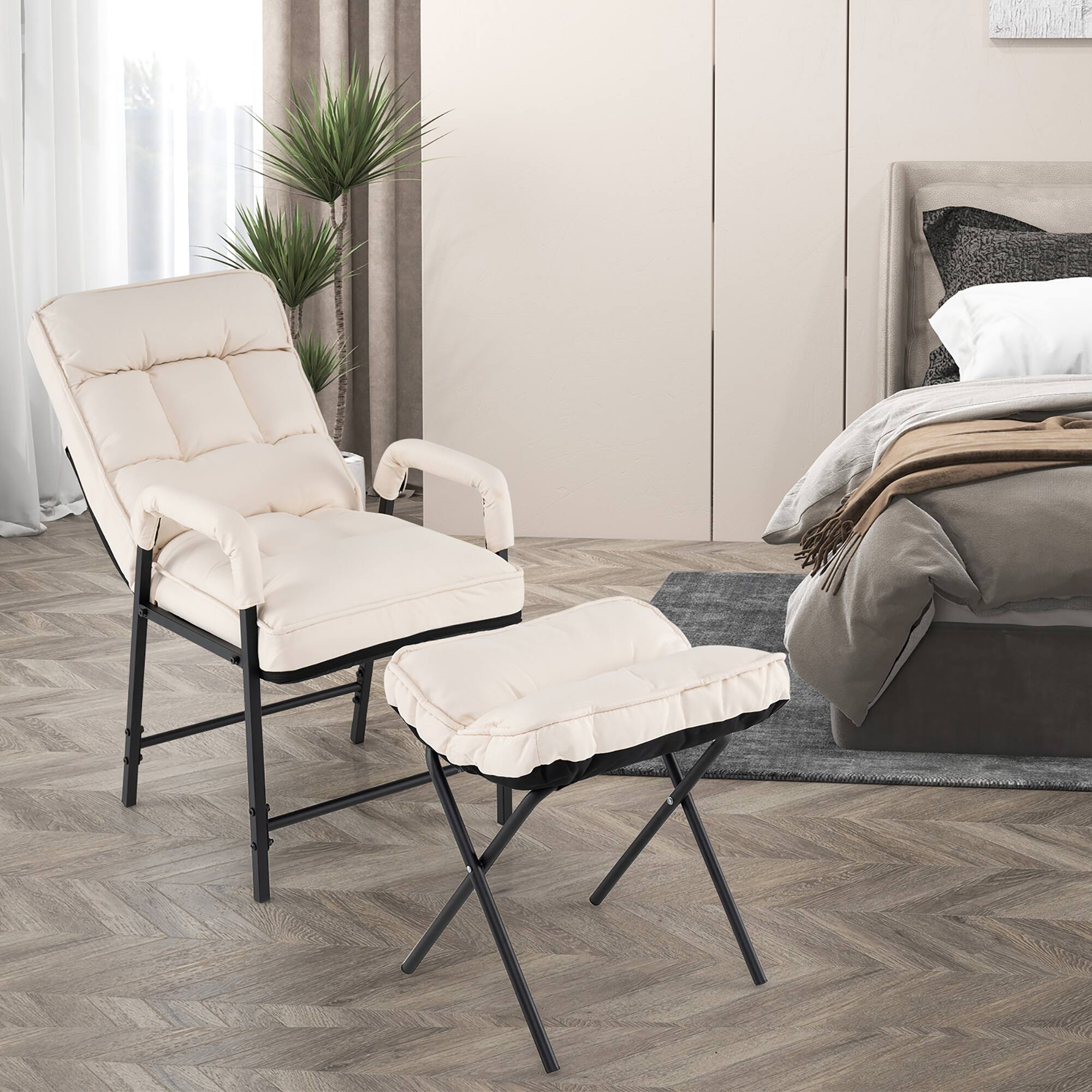 Alt View 1. Gymax - Gymax Modern Accent Chair w/ Ottoman Linen Fabric Arm Chair w/ Adjustable Backrest - Beige.