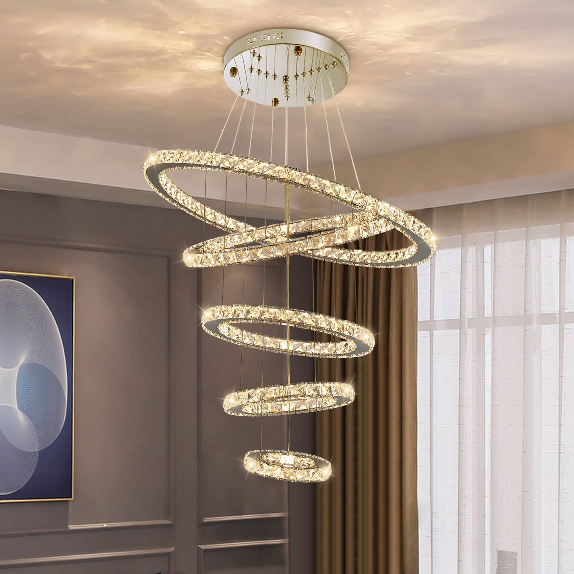 Angle. Siljoy - 118" 5-Ring Modern Crystal LED Chandelier, 3 Color Temperature Adjustable Pendant Light for Foyer Staircase Living Room - Chrome.