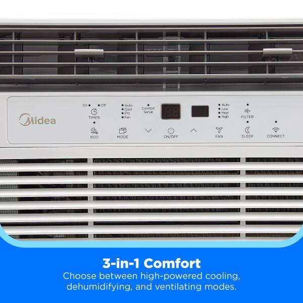 Midea  
On Off TIMER Auto Cool Dry Fan Comfort Sense  
ALto Low Med High FILTER ECO MODE ON/OFF FAN SLEEP CONNECT  

3-in-1 Comfort  
Choose between high-powered cooling, dehumidifying, and ventilating modes.