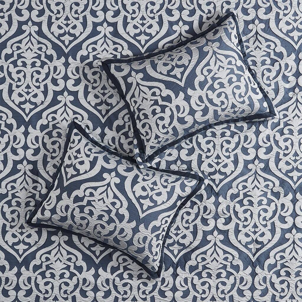Back. TinyHomie - 8 Piece Jacquard Comforter Set Navy/Silver Queen - Navy and Silver.