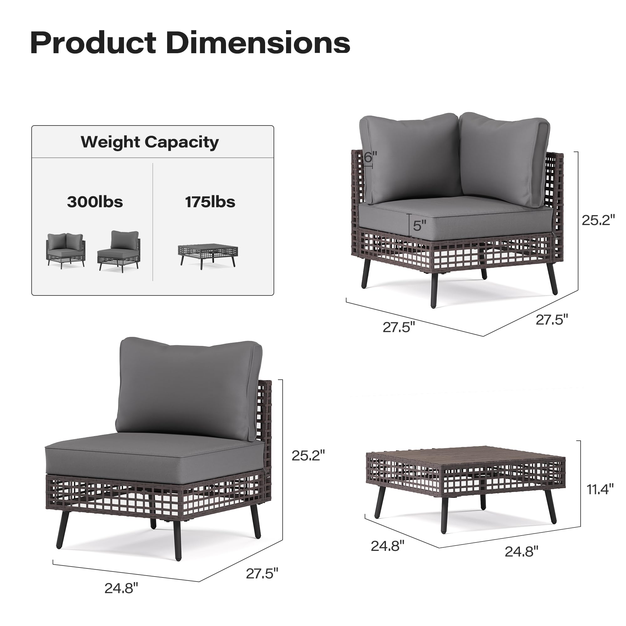 Product Dimensions  
Weight Capacity  
300lbs  
175lbs  

Dimensions:  
- 25.2" x 27.5" x 27.5"  
- 24.8" x 27.5" x 11.4"  
- 24.8" x 24.8"