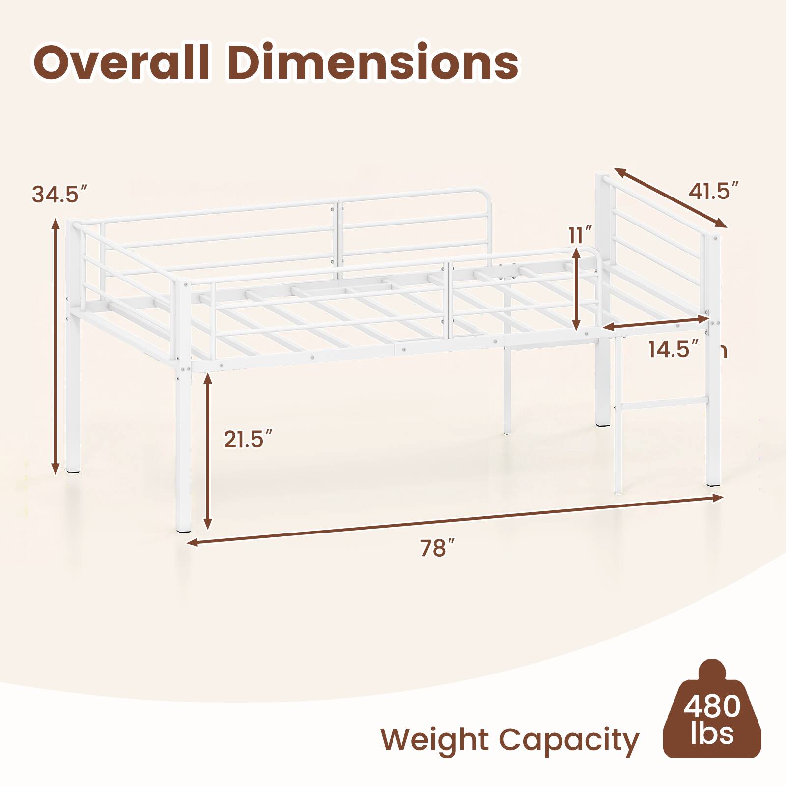 Overall Dimensions: 34.5" x 41.5" x 11" x 14.5" x 21.5" x 78"  
Weight Capacity: 480 lbs