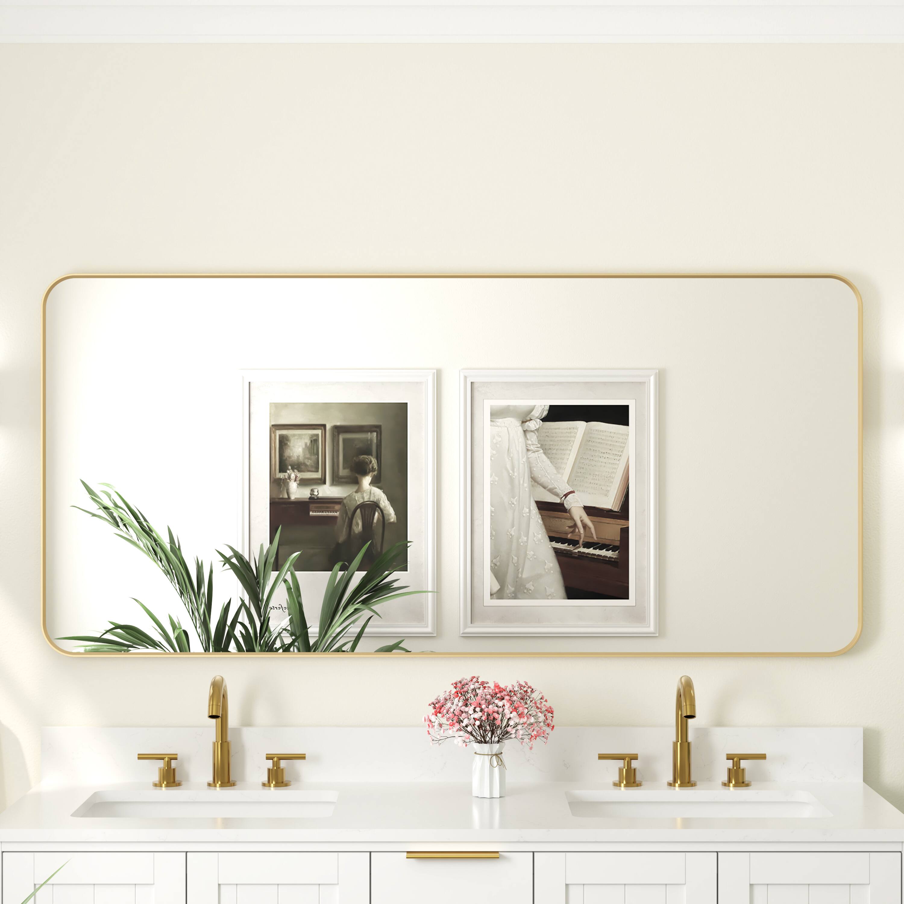 Left. WELLFOR - 60 in. W. x 28 in. H Rectangular Aluminum Framed Wall-Mounted Bathroom Vanity Mirror - Brushed Gold.
