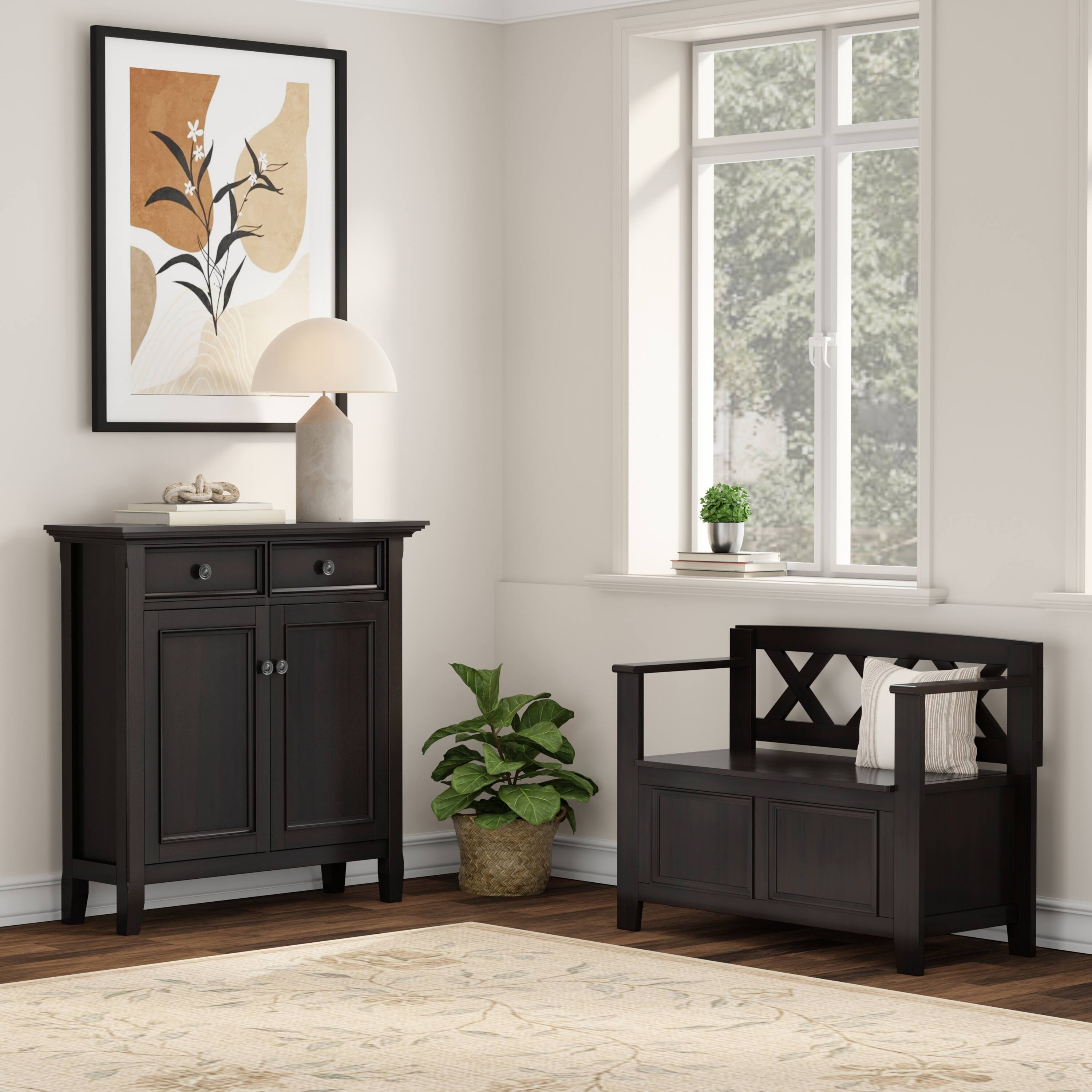 Angle. Simpli Home - Amherst Solid Wood 36 inch Wide Small Storage Bench and 36 inch Wide Storage Cabinet in Hickory Brown - Hickory Brown.
